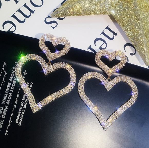Rhinestone Heart Drop Earrings Statement Earrings Gold or Silver - Picture 10 of 13